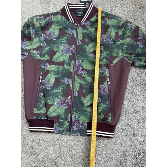 GSTQ Jacket Mens Small Burgundy Green Floral Bomber MSRP $349Lightweight Zip Up - Picture 9 of 10
